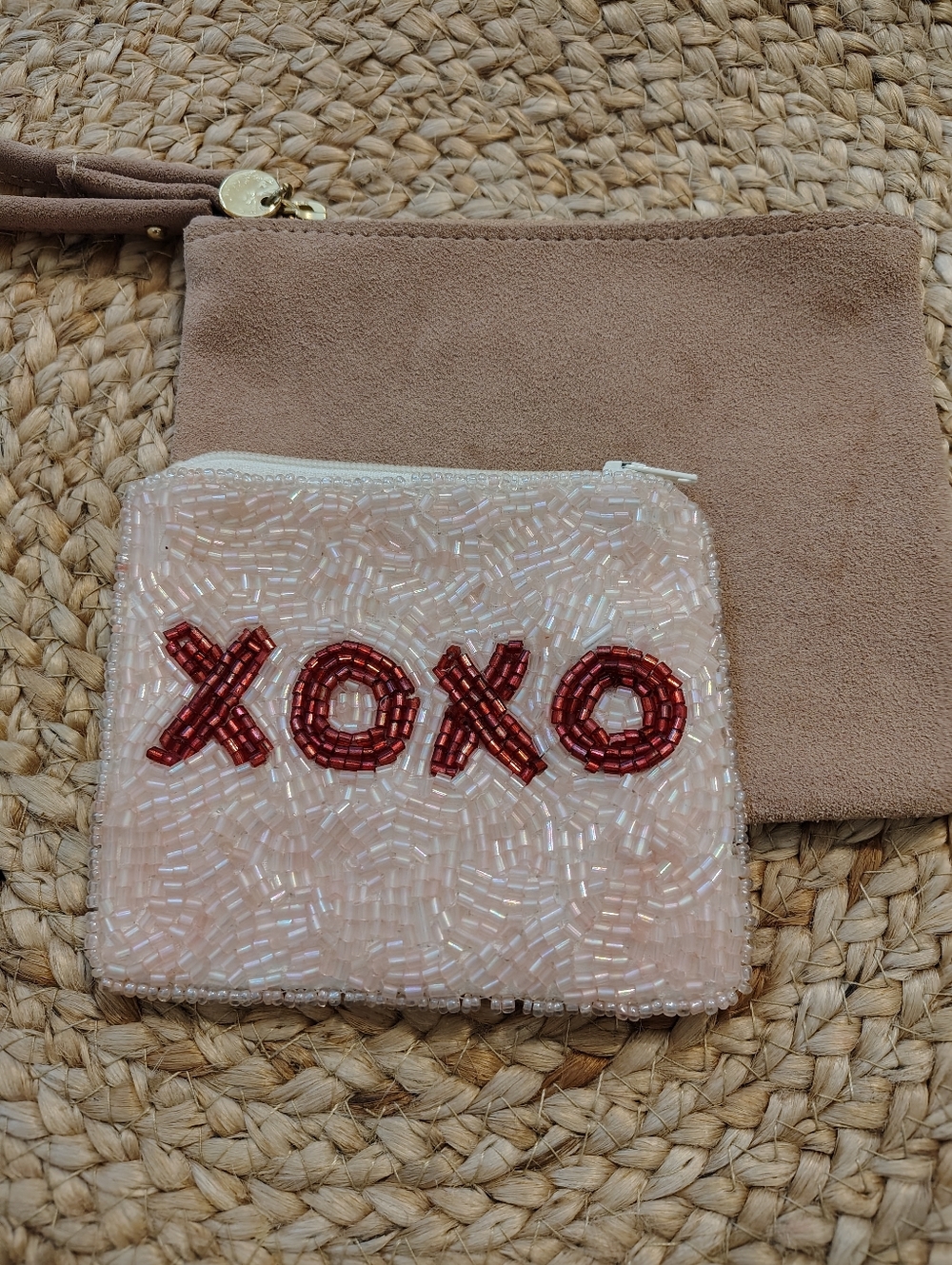 Beaded 'XOXO' Mini Pouch - Pink with Red Accents( 3 Piece)